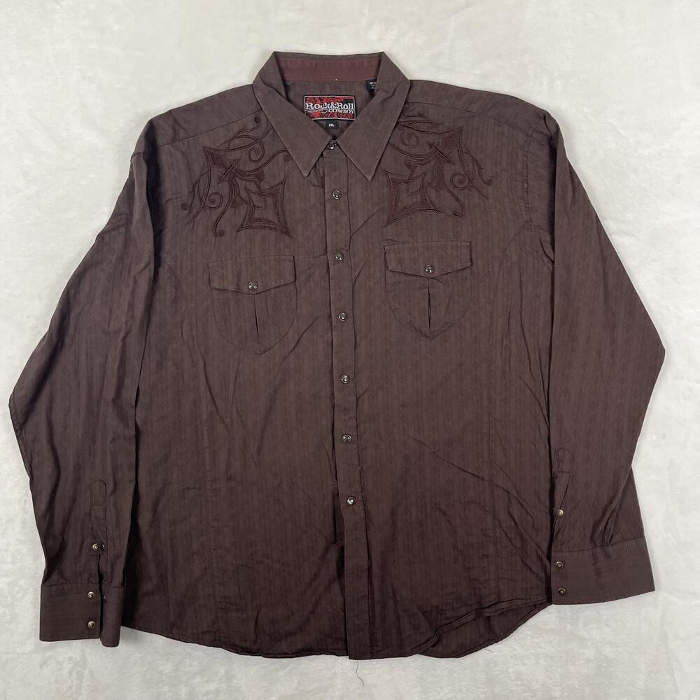 Rock & Roll Cowboy Shirt Mens 2XL Brown Embroidered Long Sleeve Western Snap